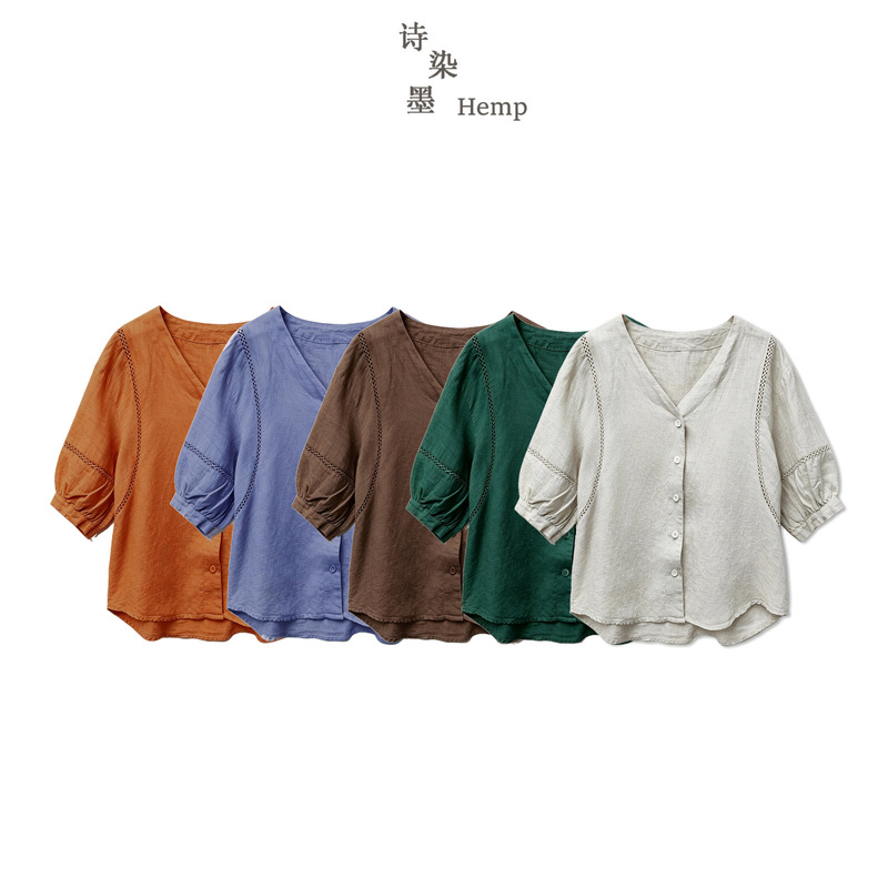 【High-Quality Hemp】5691 V-Neck Solid Color Hollow-Out Five-Quarter Sleeve Shirt 【High-Quality Hemp】5691 V-Neck Solid Color Hollow-Out Five-Quarter Sleeve Shirt