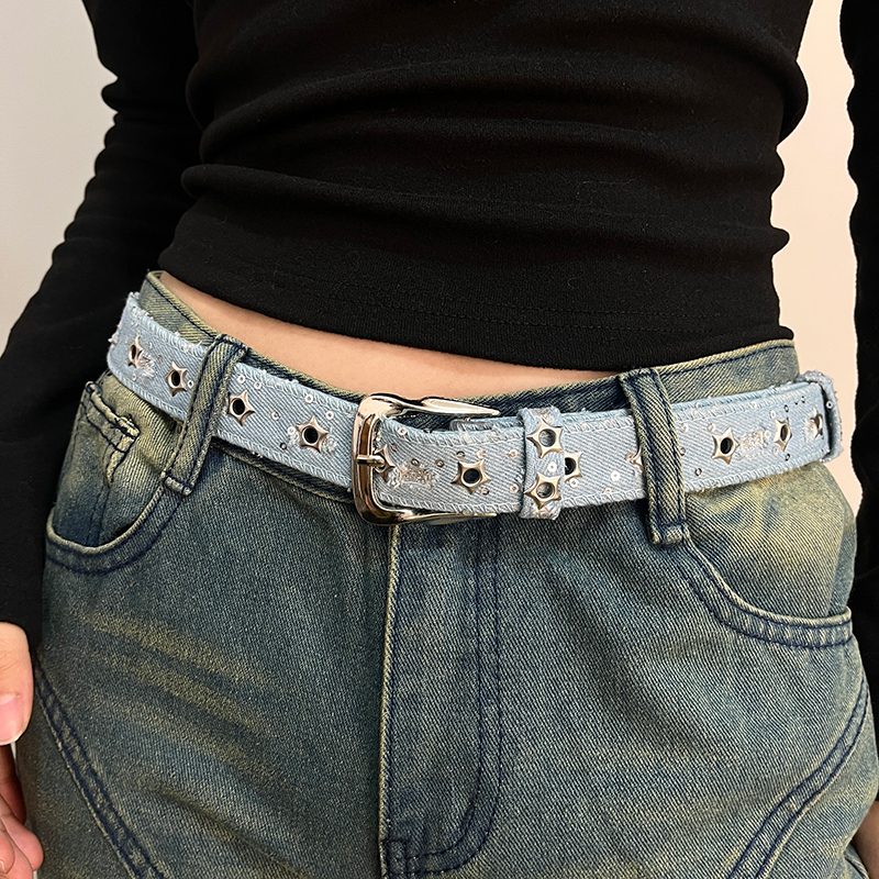 Denim Canvas Multi-Hole Belt with Sequin Pin Buckle, Women's Trendy Versatile Korean Style Fashion Belt Decoration ins