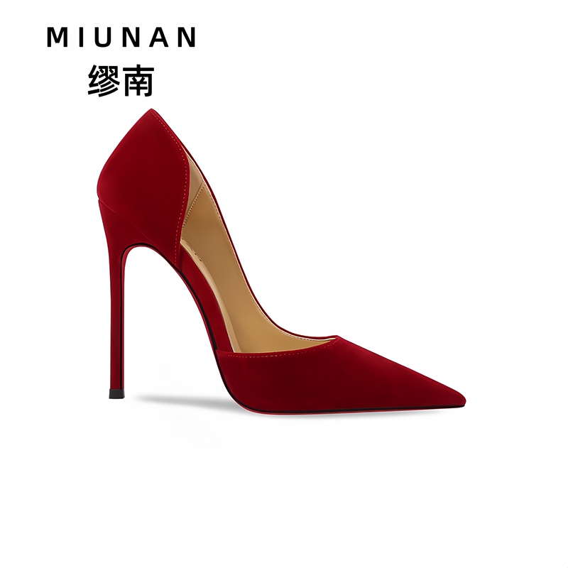 Miaonan 2026 New Suede Side-Cut Pointed Toe High Heels, Stiletto Heels with Red Soles, Elegant and Comfortable for Women
