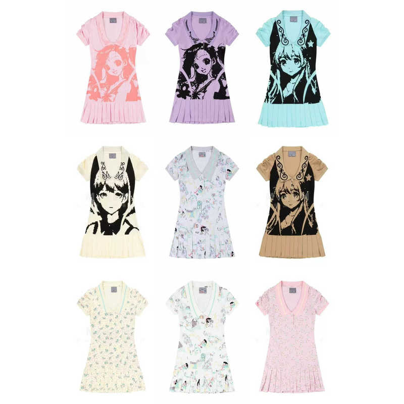 Ashley Williams Anime Cartoon Print Dress Women's Short-Sleeved V Neck Pleated Girly Sweet Dress Ashley Williams Anime Cartoon Print Dress Women's Short-Sleeved V Neck Pleated Girly Sweet Dress