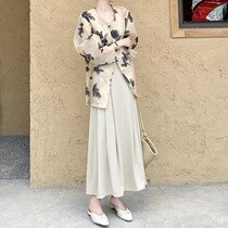 New Chinese style national style cool and beautiful ink print top and skirt two-piece suit for women in spring and autumn with a high-end feel