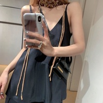 2024 spring and summer new temperament womens black sleeveless suspender V-neck vest top wide-leg pants trousers two-piece set