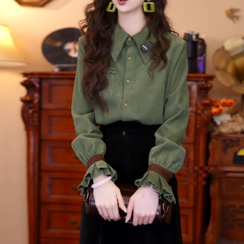 High-End Military Green Lapel Shirt for Women, Autumn and Winter 2026 New Style, Lace Long-Sleeve Top, Base Shirt, Blouse High-End Military Green Lapel Shirt for Women, Autumn and Winter 2026 New Style, Lace Long-Sleeve Top, Base Shirt, Blouse