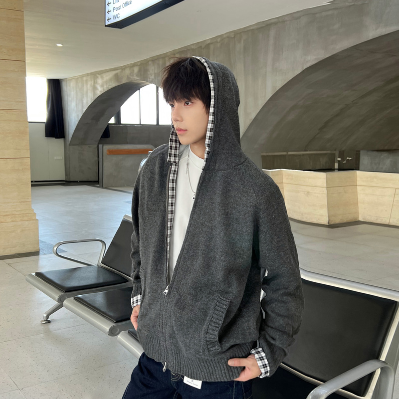 Shakeyu Lazy Style Patterned Patchwork Hooded Knitted Sweater Jacket for Men and Women Spring Gray Double Zipper Cardigan Shakeyu Lazy Style Patterned Patchwork Hooded Knitted Sweater Jacket for Men and Women Spring Gray Double Zipper Cardigan