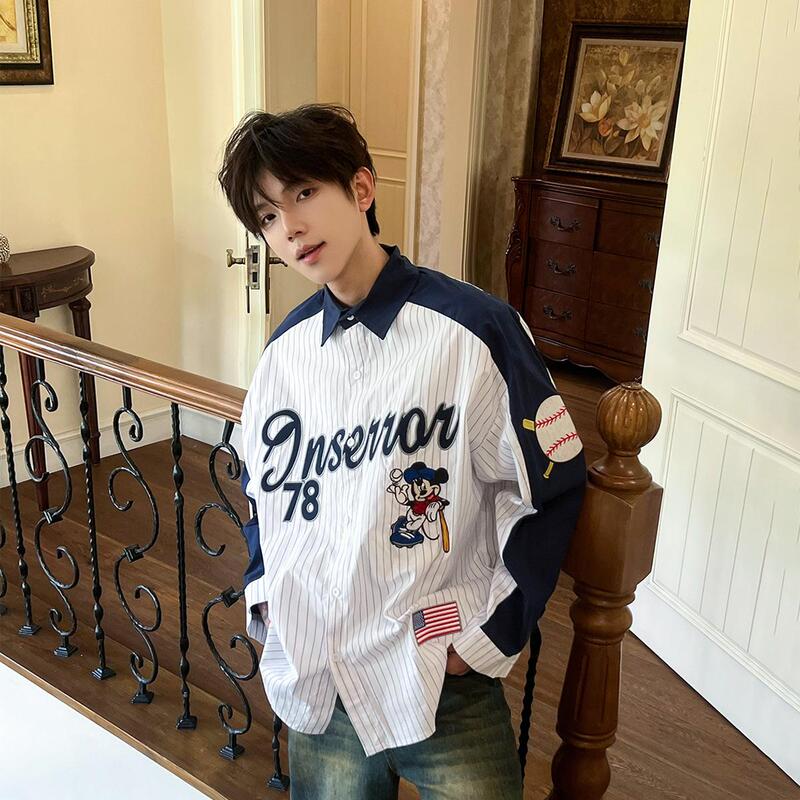 Shakeyu American Retro College Style Color-Block Striped Baseball Long-Sleeve Shirt Unisex Couple Design Jacket