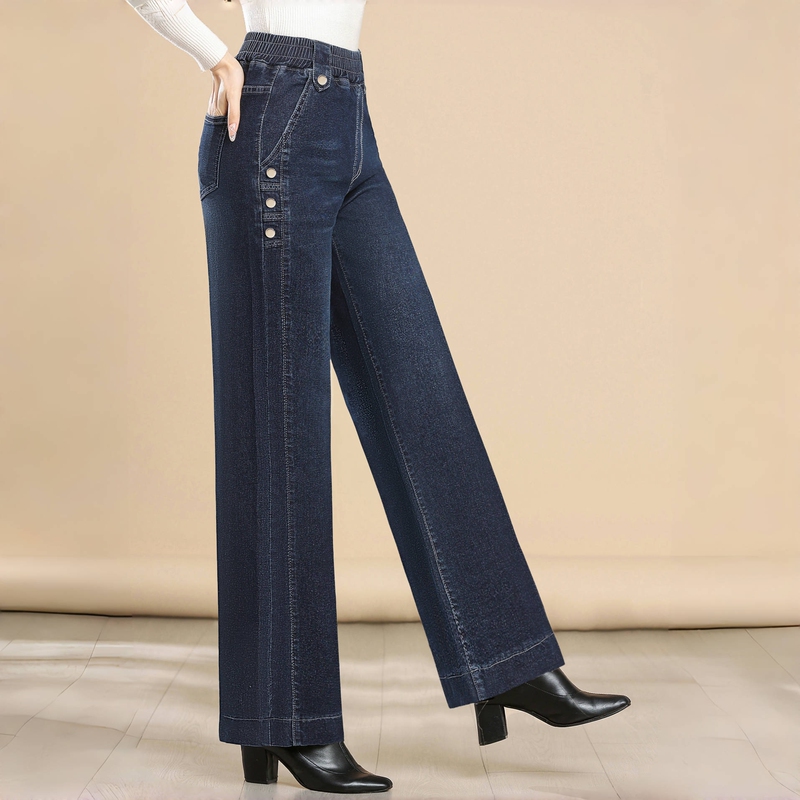 Fashionable Elastic Waist Wide-Leg Jeans for Middle-Aged and Elderly Women, 2026 Spring and Autumn New Style, Loose Fit, Plus Size, Drapey Straight-Leg Pants