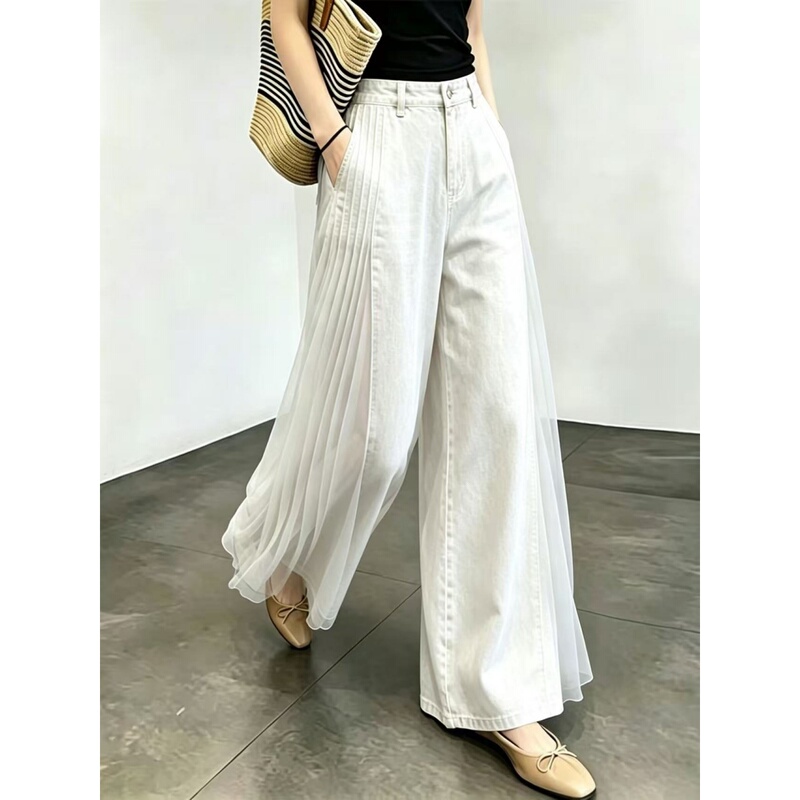 White Sheer Patchwork Denim Jeans for Women, Size 26, New Summer Design, Niche Style, Thin, Breathable, Casual Wide-Leg Pants