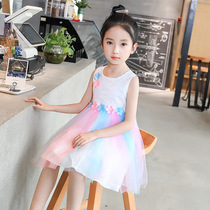 Childrens Clothing 2024 Summer New Baby Princess Vest Fashionable Flower Splicing Rainbow Mesh Skirt Girls Dress