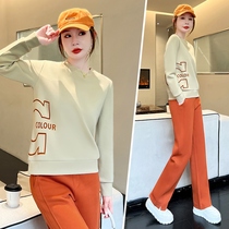 Fashion age-reducing casual sports suit for women in autumn new internet celebrity same style round neck sweatshirt red wide leg pants two-piece set