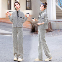 This years popular fashion sports suit spring new zipper cardigan stand collar contrast color age-reducing sweatshirt two-piece set for women