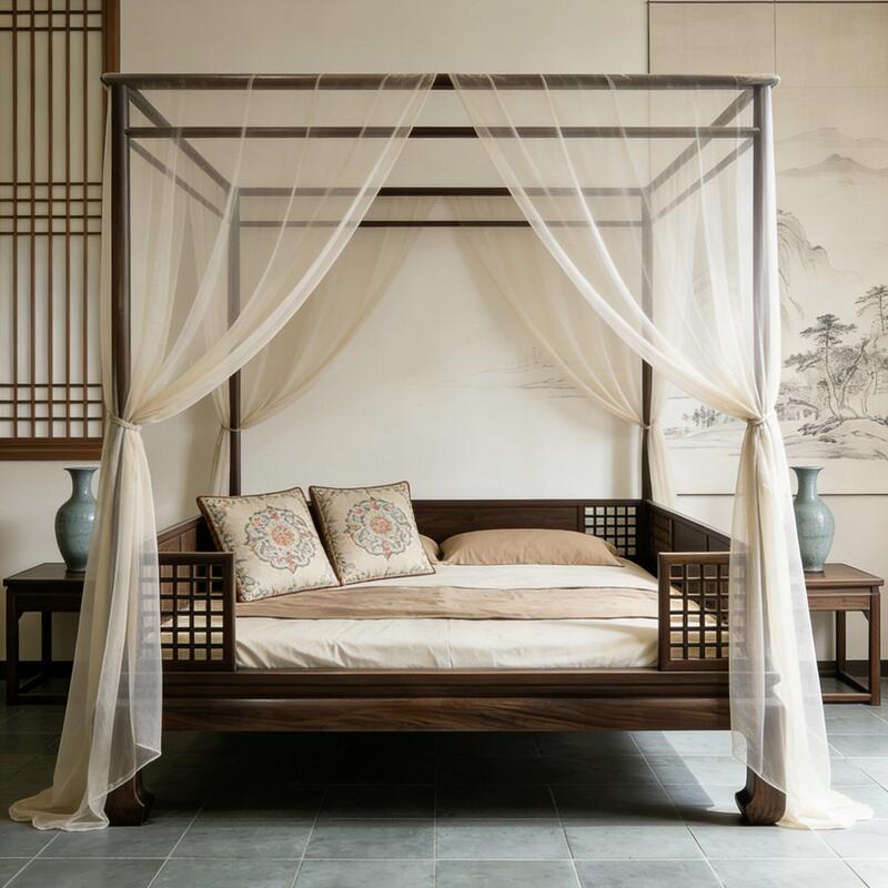 Double Bed with Mortise and Tenon Structure, Vintage Bedroom Canopy Bed, Master Bedroom Four-Poster Bed, Mortise and Tenon New Chinese Style Large Bed Double Bed with Mortise and Tenon Structure, Vintage Bedroom Canopy Bed, Master Bedroom Four-Poster Bed, Mortise and Tenon New Chinese Style Large Bed