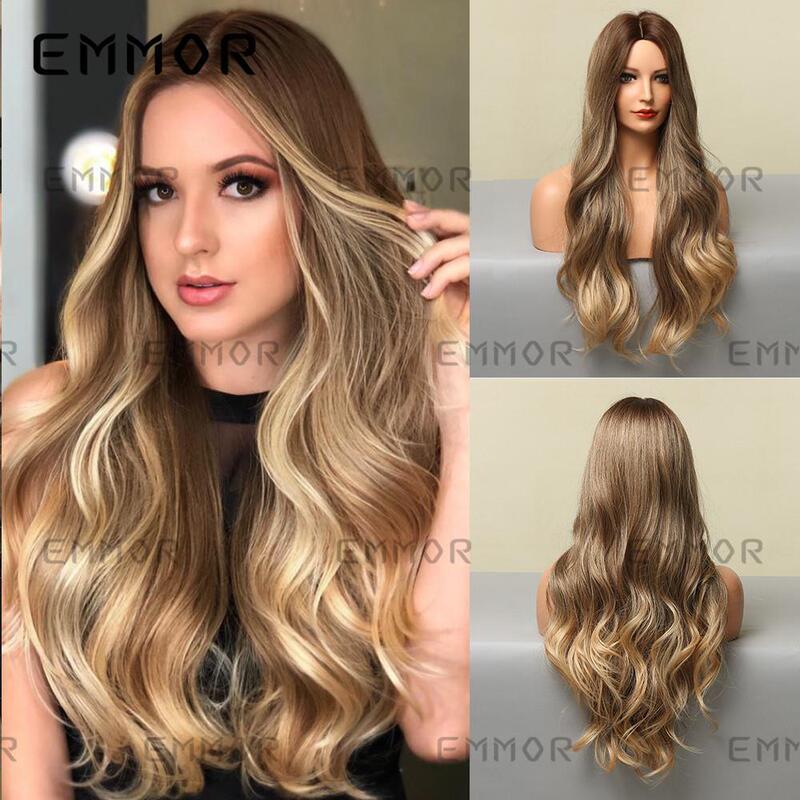 Manufacturer Amazon European and American Women's Wig with Middle Part, Gradient Golden Color, Large Wavy Curls, High-Temperature Fiber Machine-Made Headgear