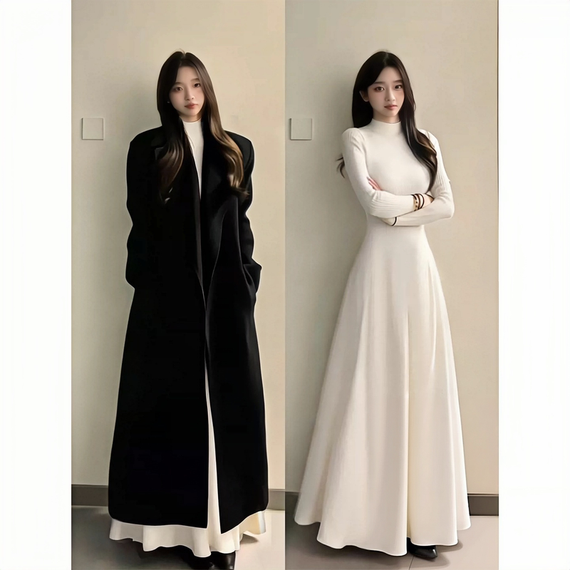 White Knitted Dress for Women, Autumn and Winter, High-End Long Coat, Layered with a Berkeley-Style Long Skirt White Knitted Dress for Women, Autumn and Winter, High-End Long Coat, Layered with a Berkeley-Style Long Skirt