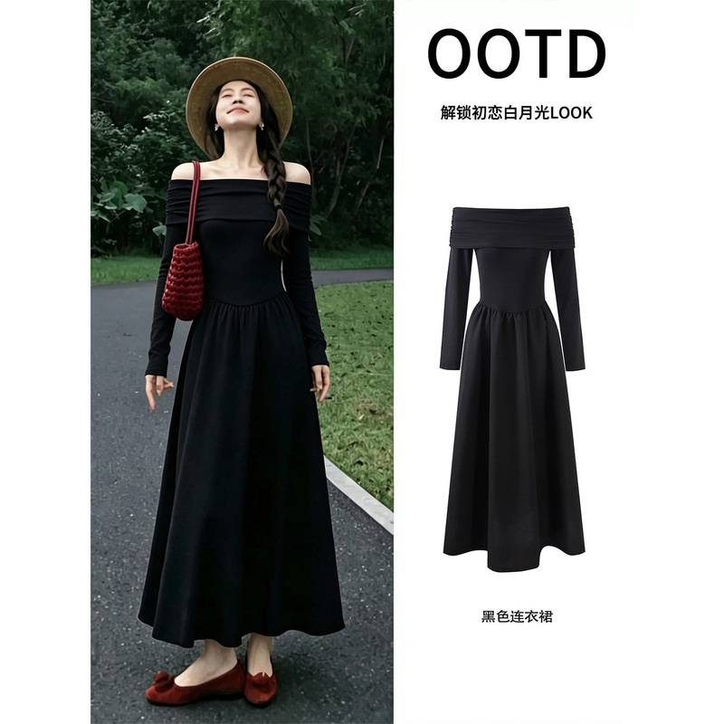 Black One-Shoulder Long-Sleeved Dress with a High-End Feel, Hepburn Style, Berkeley High-Class Dress, French-Style Waist-Cinching Elegant Outfit Black One-Shoulder Long-Sleeved Dress with a High-End Feel, Hepburn Style, Berkeley High-Class Dress, French-Style Waist-Cinching Elegant Outfit