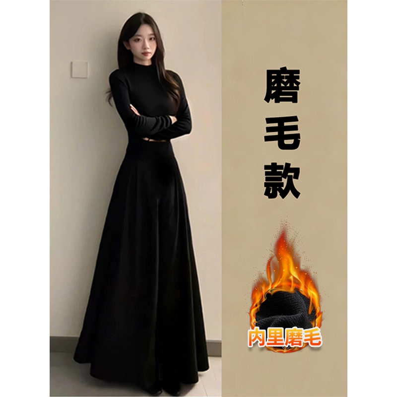 Black Turtleneck Knitted Dress for Women, Autumn and Winter, Fleece-Lined, Long Base Dress, High-End Autumn Long Dress