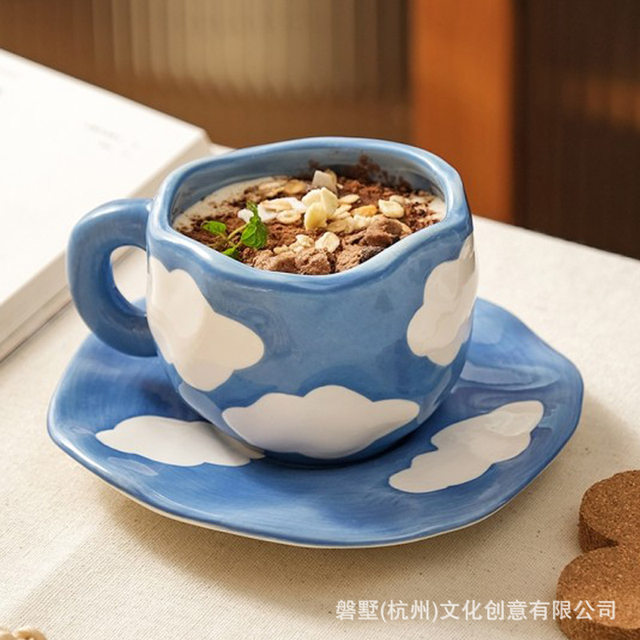 Creative Irregular Ceramic Hand-Painted Mug and Saucer Set, Exquisite Afternoon Tea, Women's Coffee Cup and Saucer Tea Set