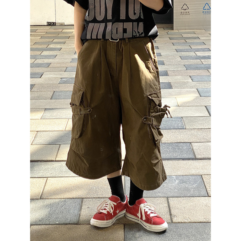 Secondary Spring/Summer Japanese Retro Large Pocket Cargo Pants Loose Casual Cropped Pants Unisex Wide-Leg Pants