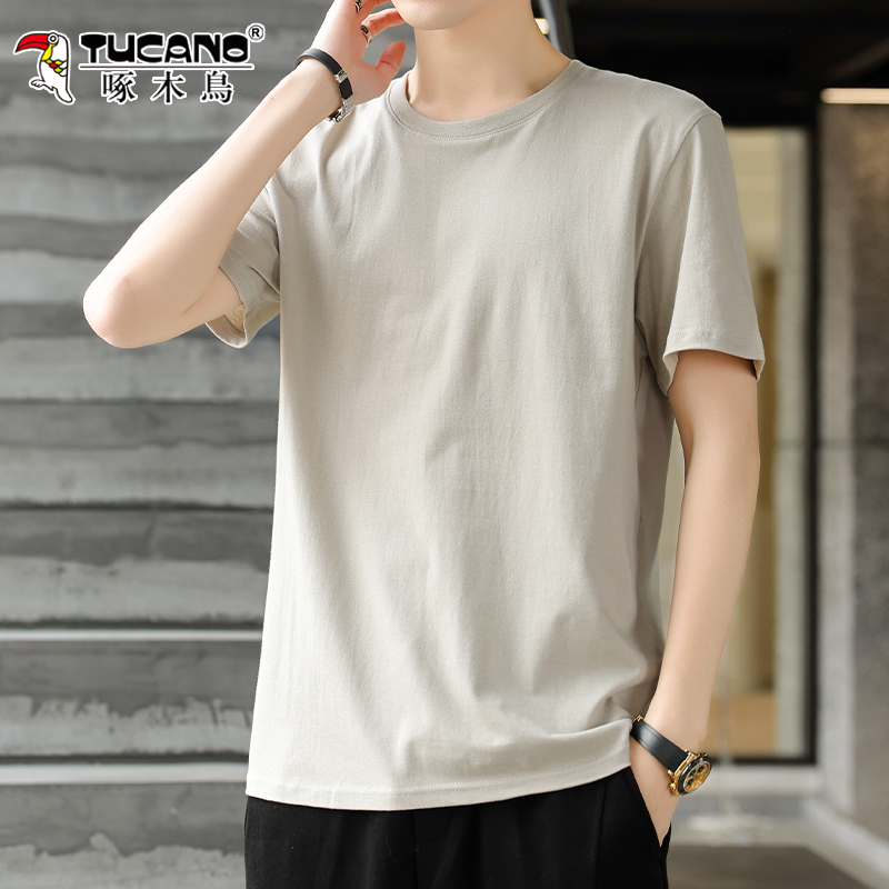 啄木鸟纯棉短袖t恤男士夏季2025新款宽松圆领休闲纯色重磅上衣服