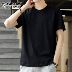 Woodpecker Pure Cotton Short-Sleeve T-Shirt for Men, Black, 2025 New Style, Loose Fit, Round Neck, Base Layer, Solid Color Top