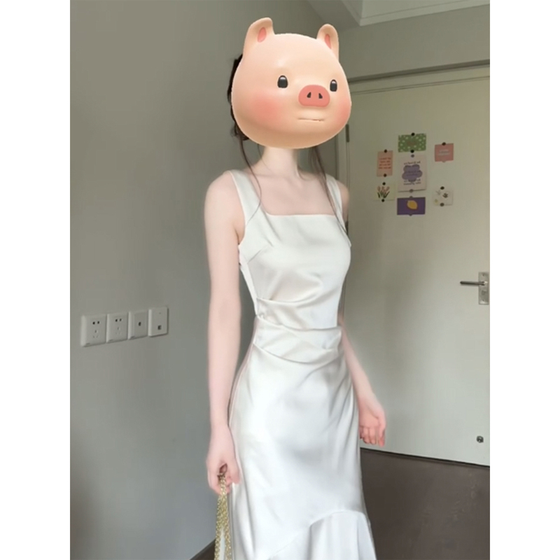 White Satin Slip Dress for Women, Summer Fishtail Engagement Banquet, Student Day Graduation Dress, Bridesmaid Dress, Long Style White Satin Slip Dress for Women, Summer Fishtail Engagement Banquet, Student Day Graduation Dress, Bridesmaid Dress, Long Style