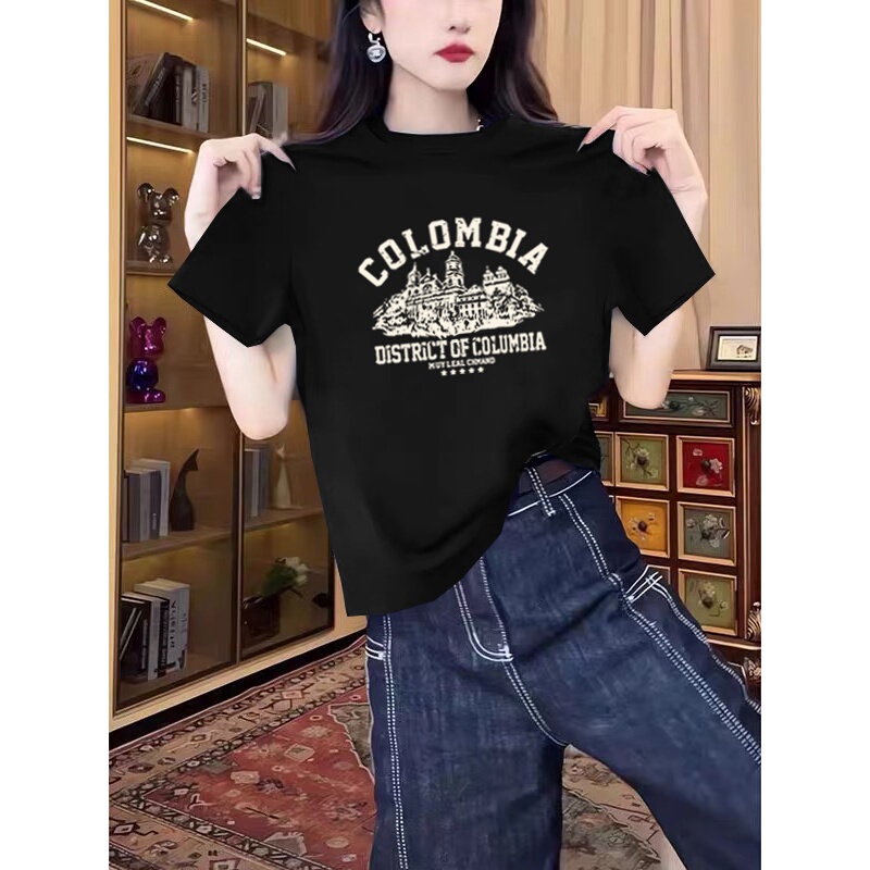 2026 New Style Pure Cotton Regular Shoulder Short-Sleeve T-Shirt for Women, Stylish and Trendy, Loose Fit, Plus Size, Black Top for Summer