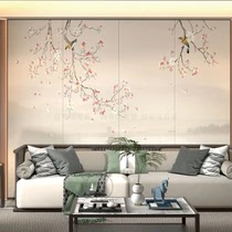 New Chinese style hotel restaurant background wall cloth hotel mural embroidery hard bag retro flower and bird tea room decoration painting