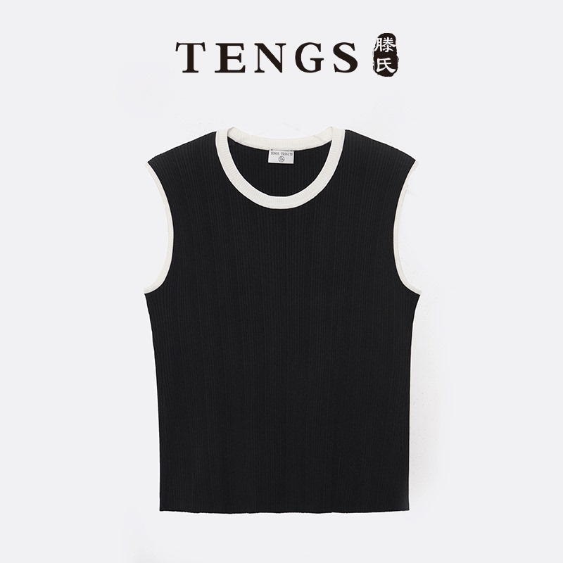 Tengs/Ten's Women's New Knitwear Series Black Textured Color-Block Ribbed Crew Neck Sleeveless Knit Top