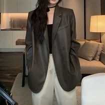 Suit leather jacket womens design niche PU leather high-end street style loose casual black temperament suit trend