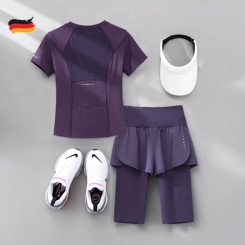 German Sports Fitness Set for Women 2026 New Summer Model with Back Pocket for Phone, Running Clothes, Quick-Drying Top and Shorts