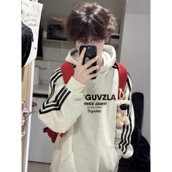 Gray Chinese-Style Brand Three-Stripe Hooded Sweatshirt for Men, New Spring, Autumn, and Summer Student American High Street Heavyweight Jacket