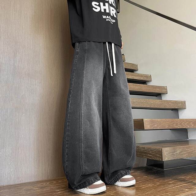 American Scimitar Jeans Men's Autumn and Winter Velvet Thickened Wide Leg Pants Men's Retro Washed Casual Straight Pants