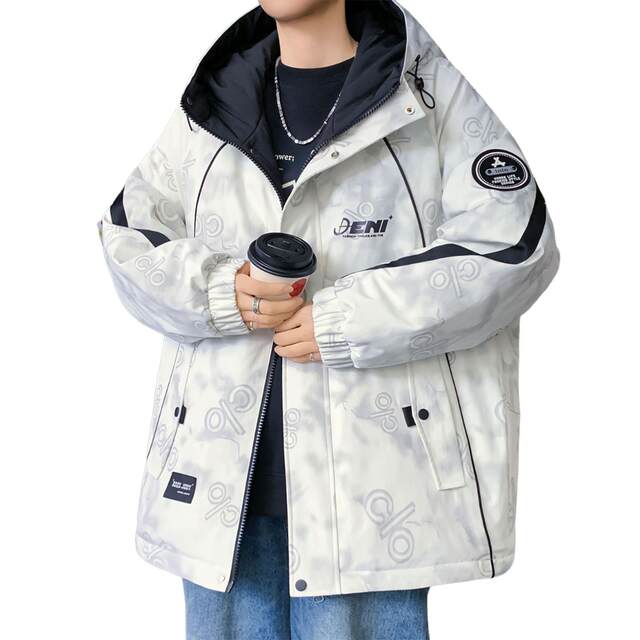 Plush Warm Jacket Men's Autumn and Winter American Tie-Dye Hooded Jacket Men's Workwear Style Loose Functional Jacket