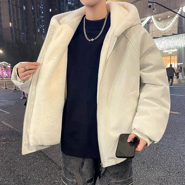 American-Style Oversized Motorcycle Jacket for Men, Autumn and Winter Fleece-Lined Thick Hooded Coat, Trendy Winter Suede Cotton Jacket