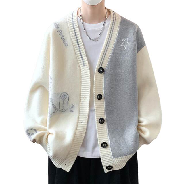 V-Neck Cardigan Sweater for Men 2025 New Color-Blocked Knit Jacket for Men Autumn and Winter Stylish Sweater Coat for Men