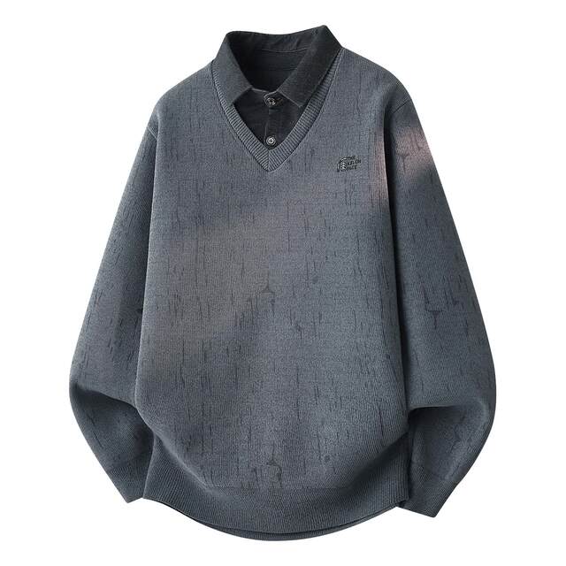 Men's Shirt Collar Knit Sweater for Autumn and Winter, Fleece-Lined and Thickened, Mixed Color, Loose Casual Style, Faux Two-Piece Sweater Top