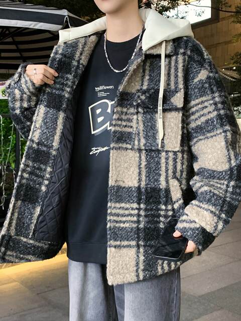 Cotton-Padded Thickened Jacket for Men, Autumn and Winter Woolen Coat, Trendy Plaid Winter Clothing, Short Fleece Woolen Coat