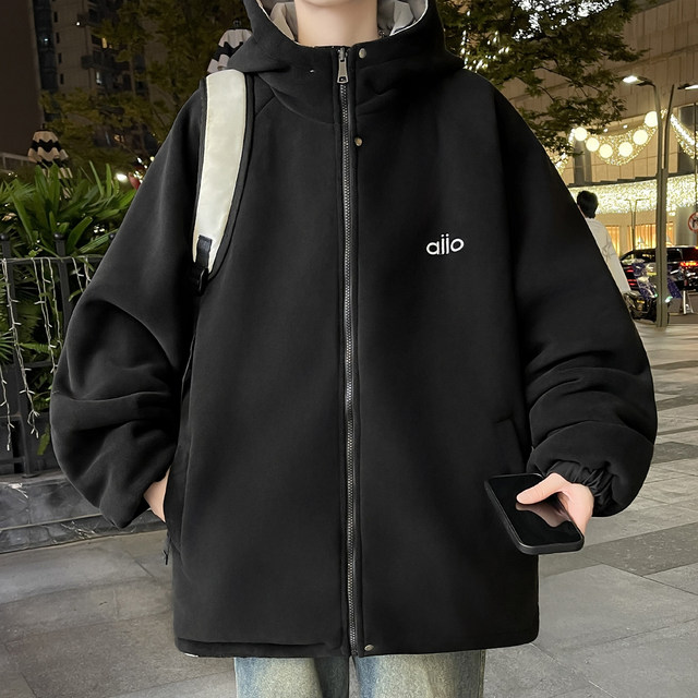 Velvet splicing jacket men's autumn and winter trendy brand thickened warm hooded jacket men's outdoor winter wear cold protection jacket