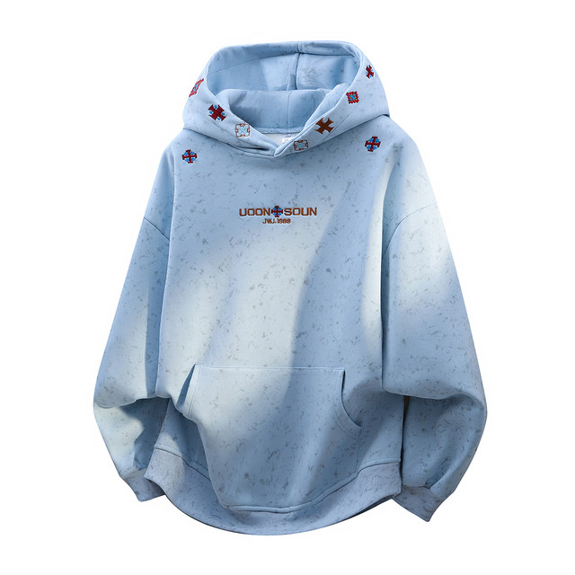 American-Style Tie-Dye Sweatshirt for Men, Autumn and Winter Heavy Fleece Hooded Pullover with Design Embroidery, Couple's Style Top