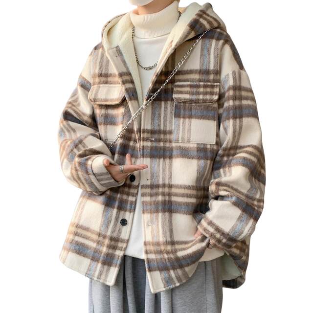 Plaid Woolen Jacket for Men, Autumn and Winter, Fleece-Lined and Thickened, Hooded Lamb Wool Jacket, Men's Casual Cotton Coat in a Chanel Style