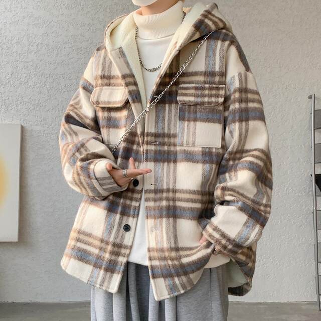 Plaid Woolen Jacket for Men, Autumn and Winter, Fleece-Lined and Thickened, Hooded Lamb Wool Jacket, Men's Casual Cotton Coat in a Chanel Style