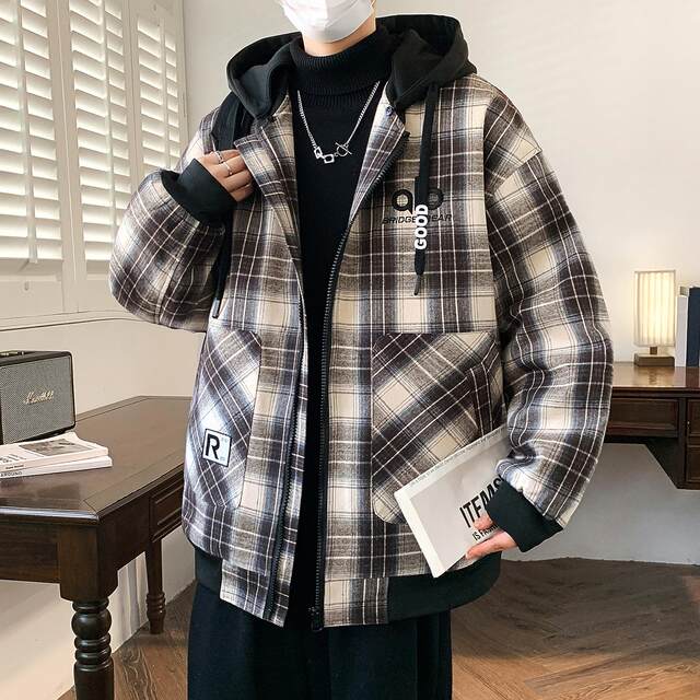 Detachable Hooded Jacket for Men, Autumn and Winter, New Style, Thickened with Fleece, Plaid Jacket, Loose Fit, Windproof Cotton Coat