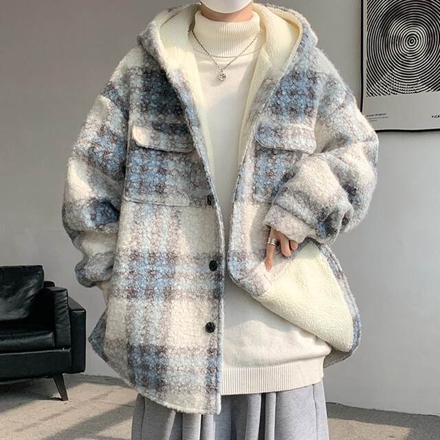 Lamb woolen coat men's autumn and winter velvet thickened hooded cotton coat men's small style cold-proof cotton coat