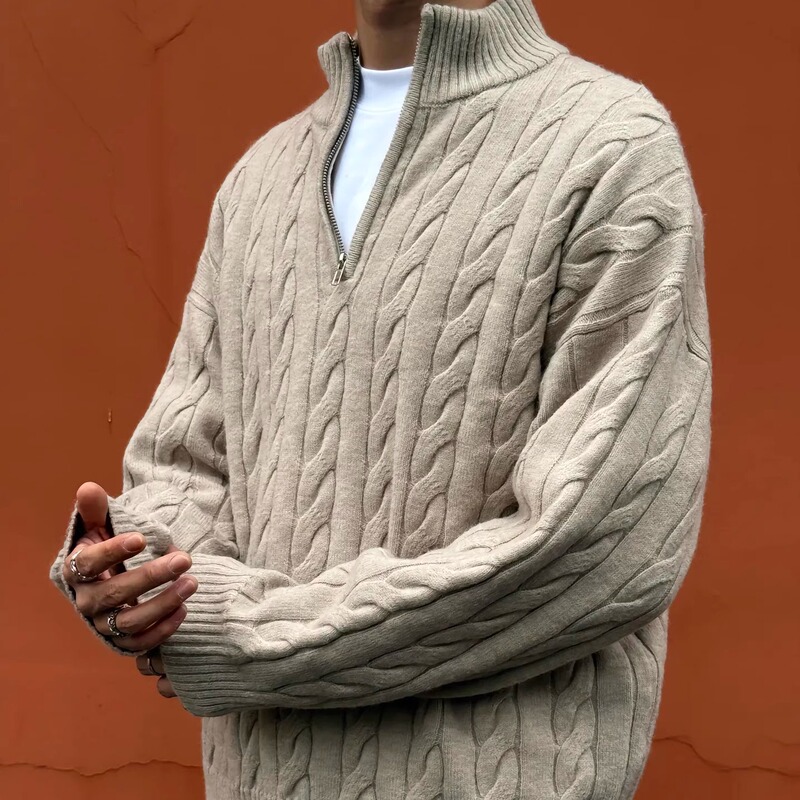 Embossed Twist-Textured Half-Turtleneck Sweater for Men, Winter Old Money Style, High-End Feel, Zippered Knit Base Layer
