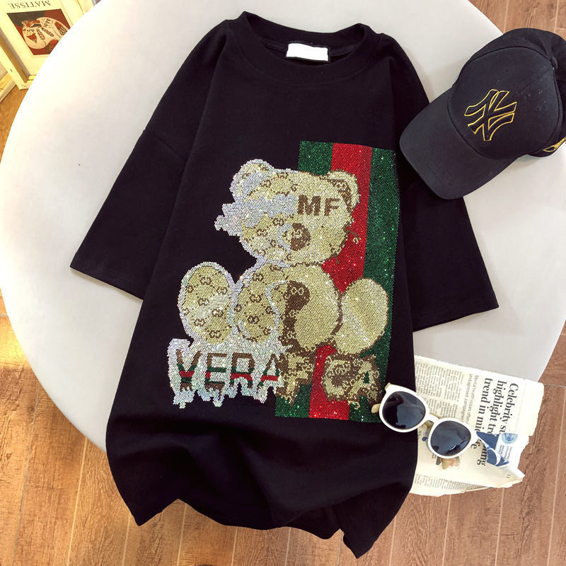 Plus Size 1.0-150kg Design with Rhinestones Short-Sleeve T-Shirt for Women, Summer Loose Mid-Length Niche Top for Chubby Girls