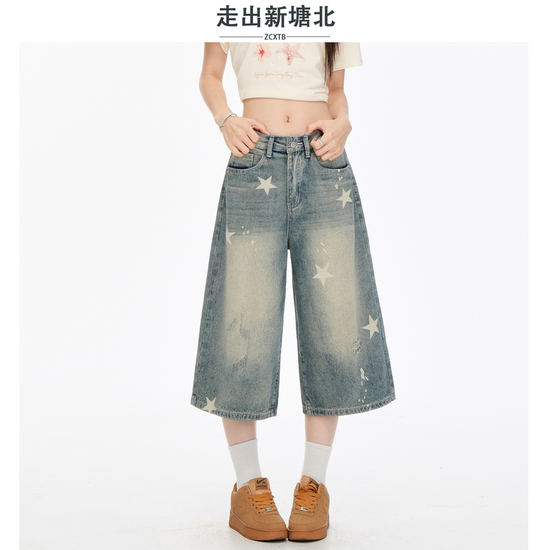 New Tang North Denim Capri Pants for Women Summer 2026 New American Style Star Print Loose Wide-Leg Super Popular Shorts