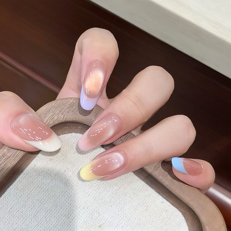 【Colorful Plate】Dopamine French Cat Eye Handmade Wearable Nails Sweet and Simple Whitening High-End Nail Art Stickers