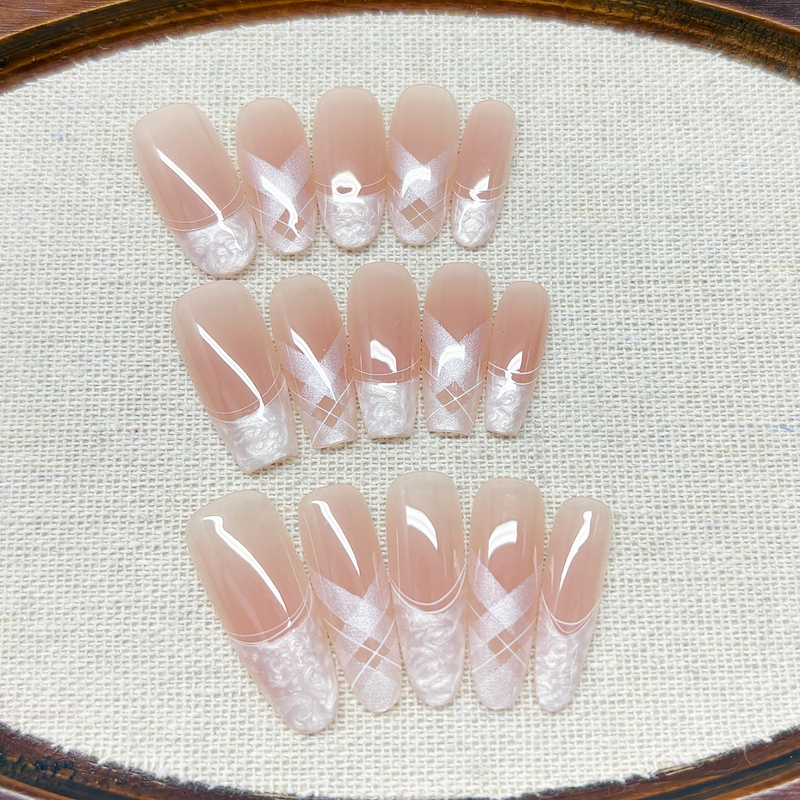 【Ballet Ribbon】Pure Desire Cross French Style Mother-Of-Pearl Glue White Handmade Design Wearable Nail Art 【Ballet Ribbon】Pure Desire Cross French Style Mother-Of-Pearl Glue White Handmade Design Wearable Nail Art