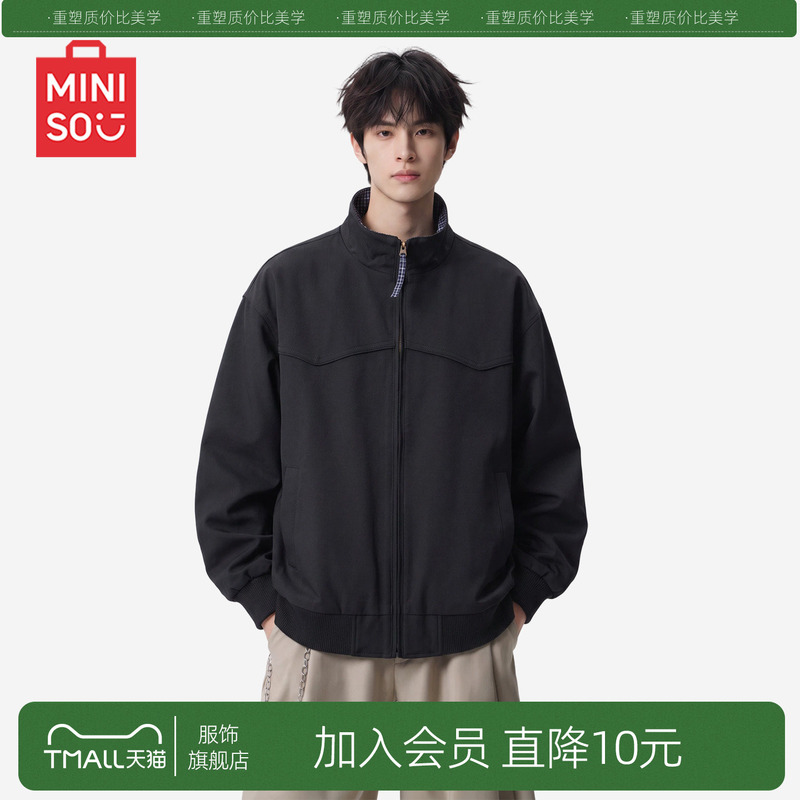 Miniso American-Style Flight Harrington Jacket for Men, Autumn Stand-Collar Plaid Couple Cleanfit Jacket Trendy Y