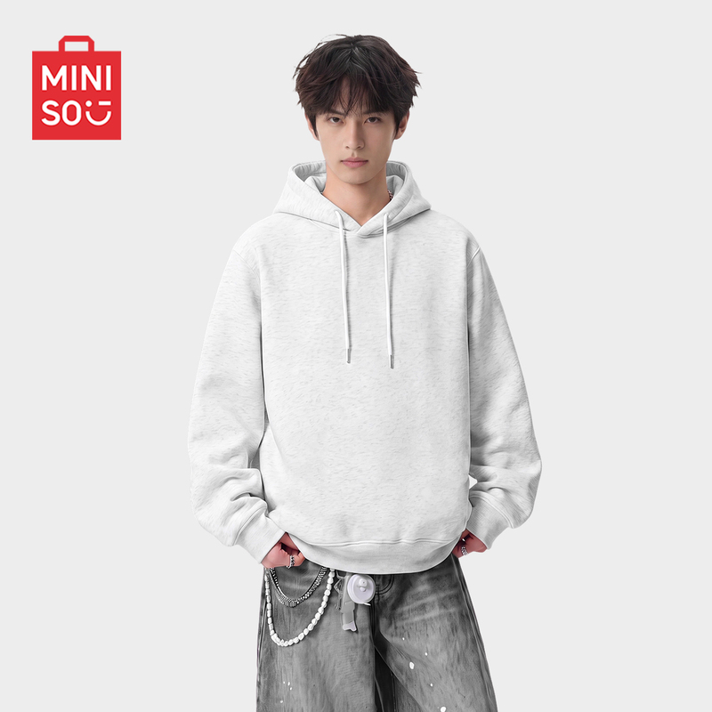 Miniso American-Style Hooded Sweatshirt for Men, Autumn White and Gray, Casual Loose Pullover, Heavyweight Jacket, Trendy Y Miniso American-Style Hooded Sweatshirt for Men, Autumn White and Gray, Casual Loose Pullover, Heavyweight Jacket, Trendy Y