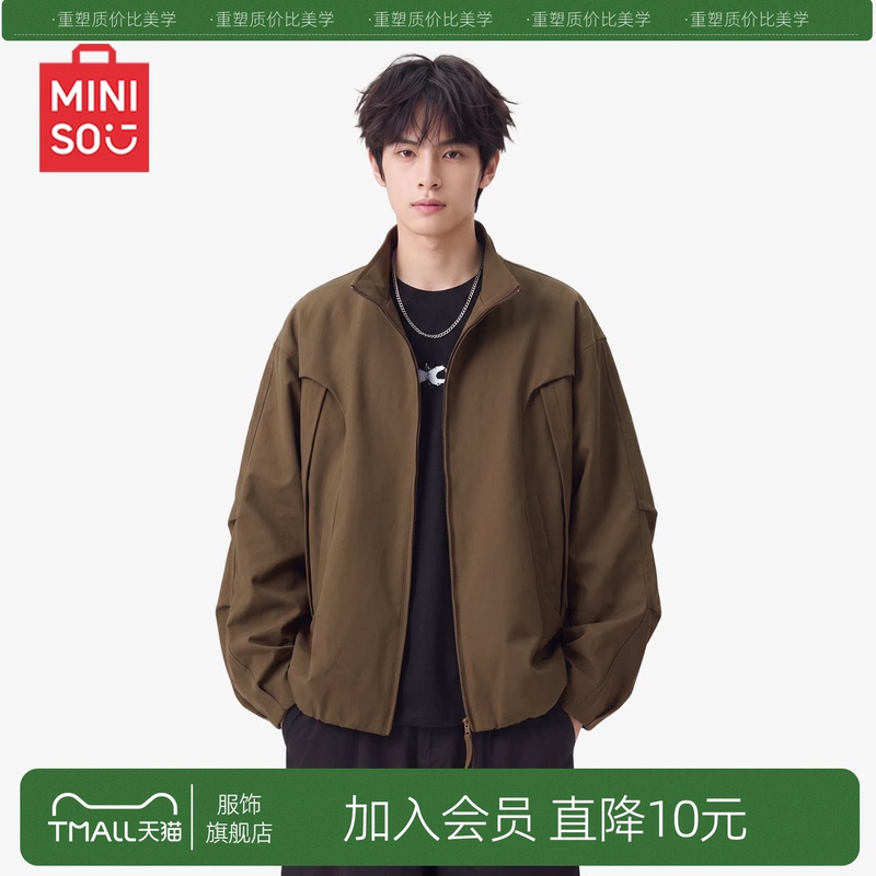 Miniso American Retro Deconstructed Stand-Up Collar Short Jacket for Men, Autumn Couple's Barn Style Flight Jacket Y